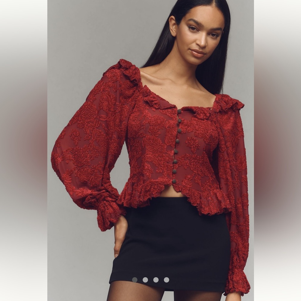 Anthropologie Red Embroidered Peasant Blouse